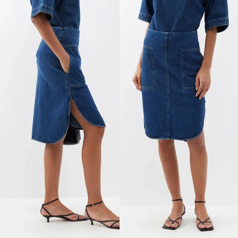 High-Rise Denim Skirt blue  Women’s Spring Summer High Rise Waist Double Pocket Cotton Straight Curved Half womens Skirts for Woman