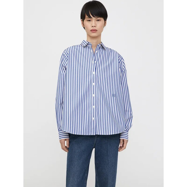 Striped Shirt blue   Women's Spring summer Casual Commuting Workwear Loose Turn-down point Collar Long Sleeves womens petite size cotton A-line Shirts for trendy Woman