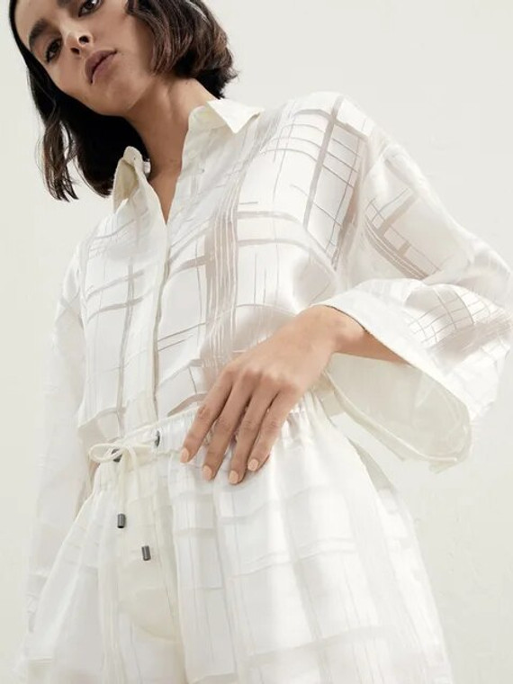 Semi-Sheer Silk Shirt 2-Piece Set    Women’s BC@ Slightly Transparent French Look Spring Summer Checkered Heavyweight Top Womens Commuter workwear Shorts + Shirts 2 Piece Semi-Translucent Outfit sets for trendy Woman in white