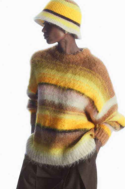 Chunky Crewneck Sweater  Women's Fall Winter Round O-Neck RMS Organic Mohair Blend Pullover Loose Casual Fashion Oversized womens Tops Y2k Goth Jumper petite size Sweaters for woman in multicolor yellow brown striped