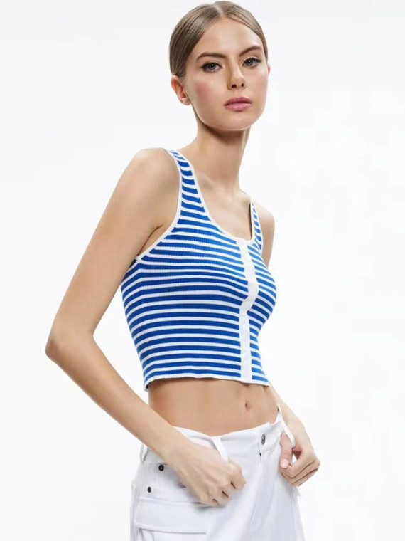 Crop Halter Top   Women's Knit Short Striped Square Neck Tank Undershirt stripe Print womens petite size Scoopneck sleeveless straps cashmere knitted Tops Cropped T-Shirts for trendy woman in blue with white trim