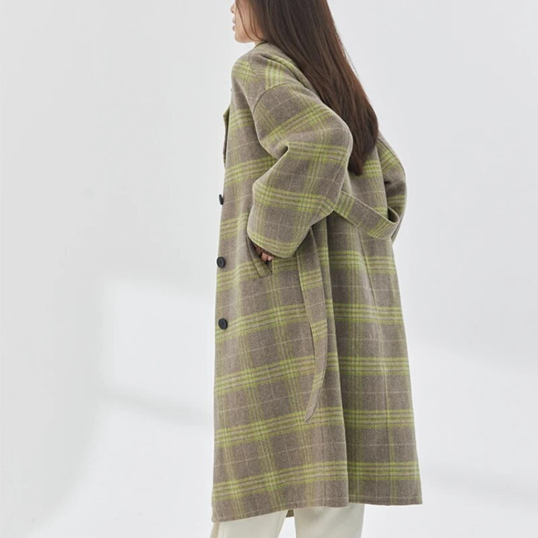 Reversible Wool Coat     Women's Fresh Plaid Loose Tie womens Bathrobe Section, woolen Tweed Jacket, Suit Collar, Minimalist Winter Coats Outerwear for trendy woman in green with belt, Bl * Mi