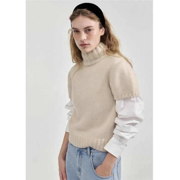 Mockneck Sweater cream   Women's Wool knitted Short Sleeves Pullover Spring Loose Slim Half High Neck Knit womens woolen Sweaters Tops for trendy woman in creamy-whiteY2k Streetwear Clothes Th*Bar*net