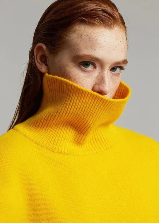 Turtleneck Rib Sweater    Women's Ken Dou Same Wool Knit High Neck workwear Pullover Slouchy Coarse woolen Knitted ribbed womens pullovers Petite size relaxed oversized Sweaters for woman in yellow Fr@nkieShop
