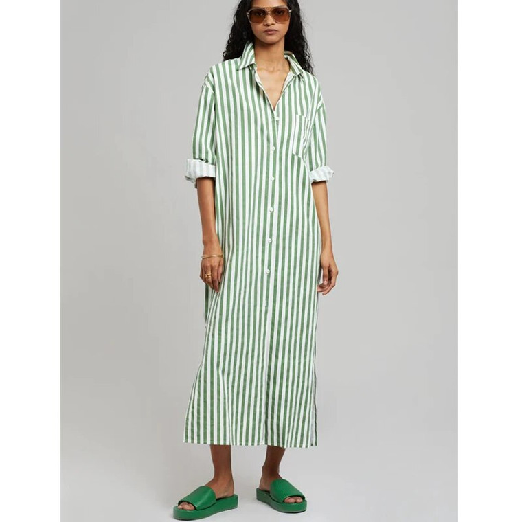 Cotton Poplin Stripe Shirtdress   Women’s Cala Striped Print Long Sleeves Turn-down collar womens dress Autumn Fall Spring Split Long Skirts Preppy Style Dresses for petite size woman in green with white stripes Fr@nkieSHOP Carla