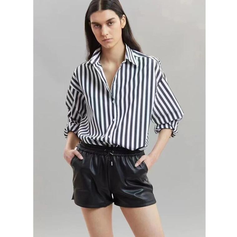 Stripe Cotton Shirt black  Women's Design Sense Small Silhouette Vertical Striped Printed womens Blouses Turn-down collar button-up long sleeves with band button cuffs Commuter workwear Style Shirts for trendy woman with white stripes