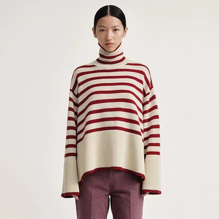Stripe Splice Turtleneck Sweater  Women's High Neck Wool knitted Classic Striped Spliced woolen Knitwear womens rib pullovers Slouchy Top Autumn Fall Winter Spring commuter workwear Ribbed Sweaters for petite size trendy woman in white with red stripes