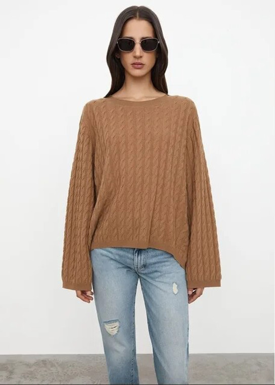 Cable Knit Cashmere Sweater auburn  Women’s round O-neck Casual Loose fit Style Longer Rear workwear womens pullovers Petite size Crewneck Sweaters for woman in brown Autumn Fall Winter Spring Season