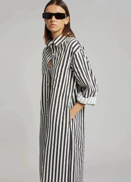 Cotton Stripe Shirtdress black   Women’s Cala Striped Print Long Sleeves Turn-down collar womens dress Autumn Fall Spring Split Long Skirts Preppy Style Dresses for petite size woman with white stripes Fr@nkieSHOP Carla