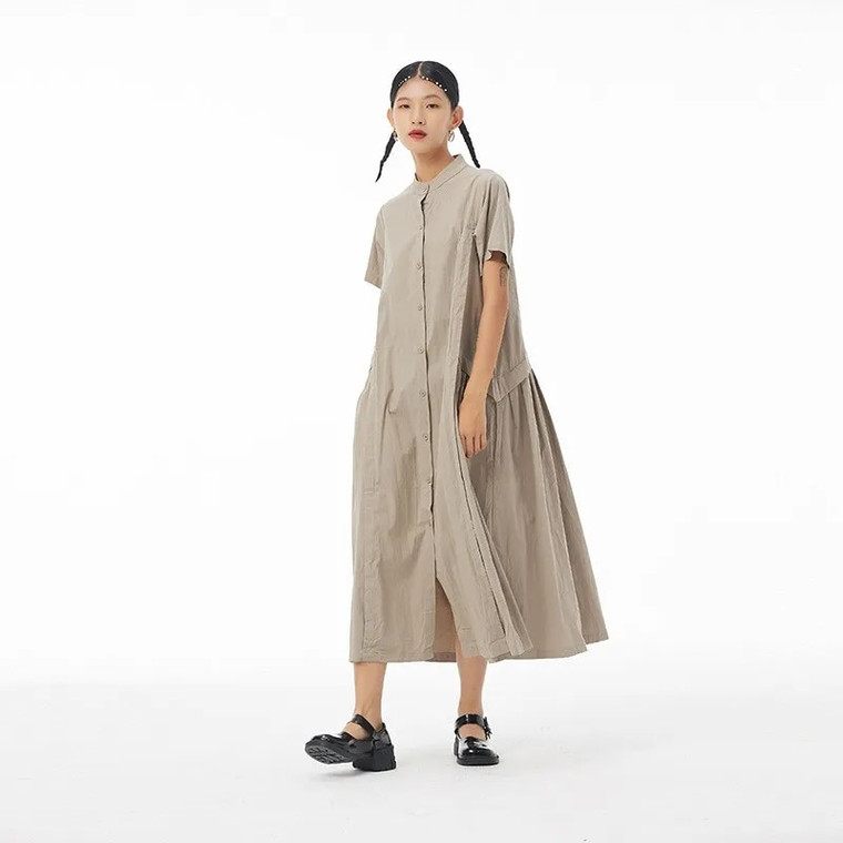 Mandarin Collar Dress khaki   Women's loose thin cotton linen crewneck casual womens round o-neck short sleeves button-up mid-calf swing skirts Dresses for woman in beige Spring summer Korean fashion season