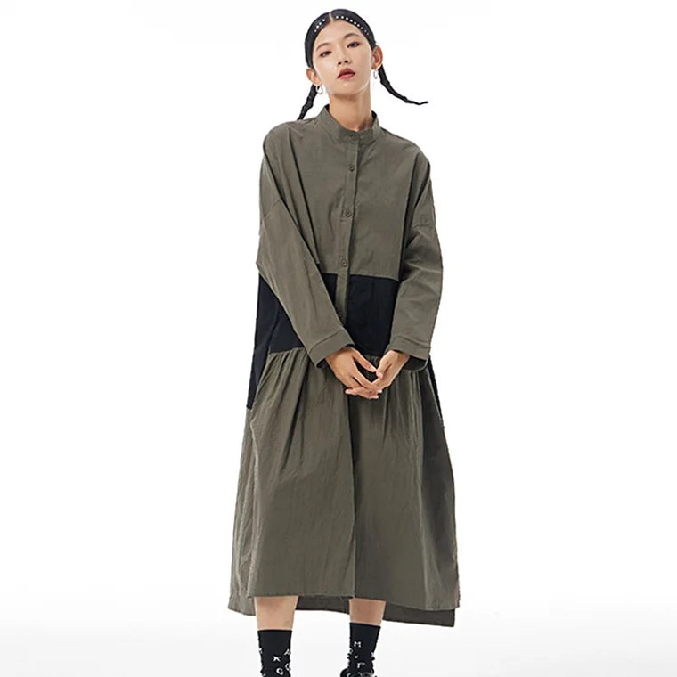 Crewneck Patch Dress green   Women’s loose skirt cross-border original womens color patchwork button-up mid-calf long sleeves cardigan dresses for trendy Woman in army-green with black trim Fall autumn spring fashion