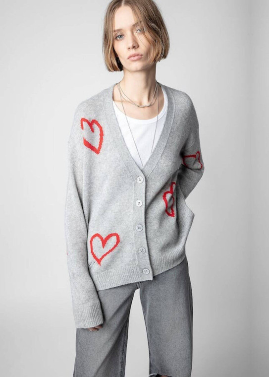 Mirka Hearts Cardigan  miteigi Women's Tops Red Love Jacquard Under The Spread Of V-neck irregular hem long sleeves Sweaters cardigans for woman in Gray Early Spring Summer Fall Autumn womens trendy fashion season in light gray Zadig & Voltaire style
