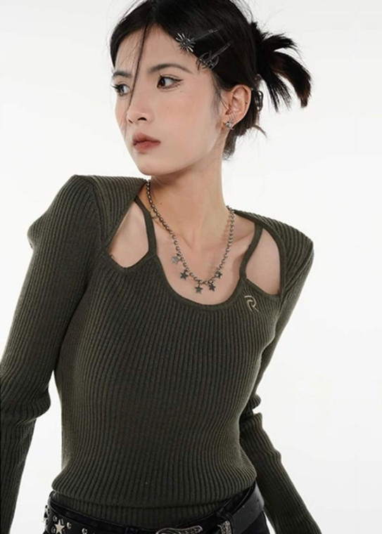 Two-Piece Sweater   miteigi Women's Korean Style Fake Retro Dark Green T-Shirt Long Sleeves Sexy Slim Bottoming ribbed Sweaters Tops for woman in dark green Fall Autumn Winter Spring womens trendy fashion season