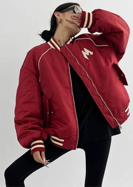 Bomber Jacket red miteigi Women’s Fitness Sports Cotton Padded Loose Zipper Cotton Baseball Jackets for woman trendy Activewear Coats Streetwear Spring Summer Fall Autumn womens Sportwear Fashion American Style