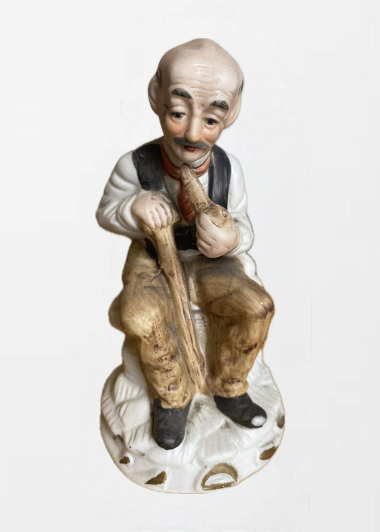 Bisque Porcelain Man with Walking Stick cane and smoking pipe  Vintage Grandfather Figurine Made in Taiwan ceramic granddad collection Elderly old gentleman Collectors decorative objects trendy home decor classic antiques