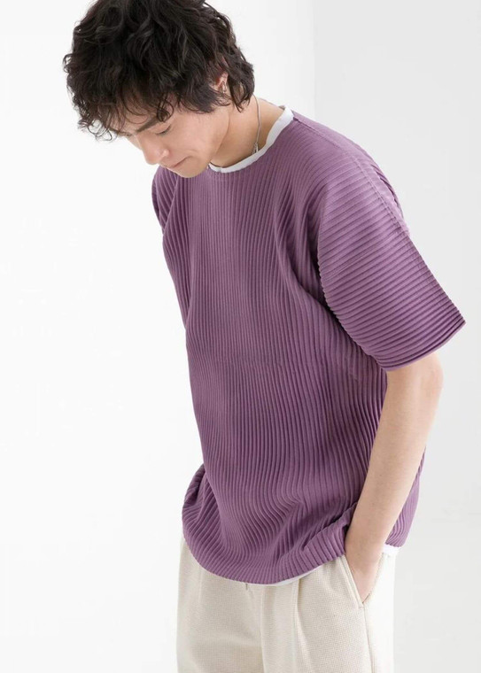 Pleated Crewneck T-Shirt    miteigi Men's Homme Plissé Issey Miyake Round Crew Neck Short Sleeves Top Loose Casual Thin Japanese T-Shirts Ribbed tops for man in purple Spring Summer mens tall plus size trendy Fashion Clothing