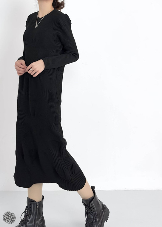 Pleated Knit Fold Dress black miteigi Homme Plissé Issey Miyake Women’s ribbed Knitted Fold Irregular long sleeves crewneck frills Original Designer Below knee frilled round o-neck dresses for woman  Spring Summer New Year's Party Womens crew neck KONE KONE trending Fashion Evening Wear