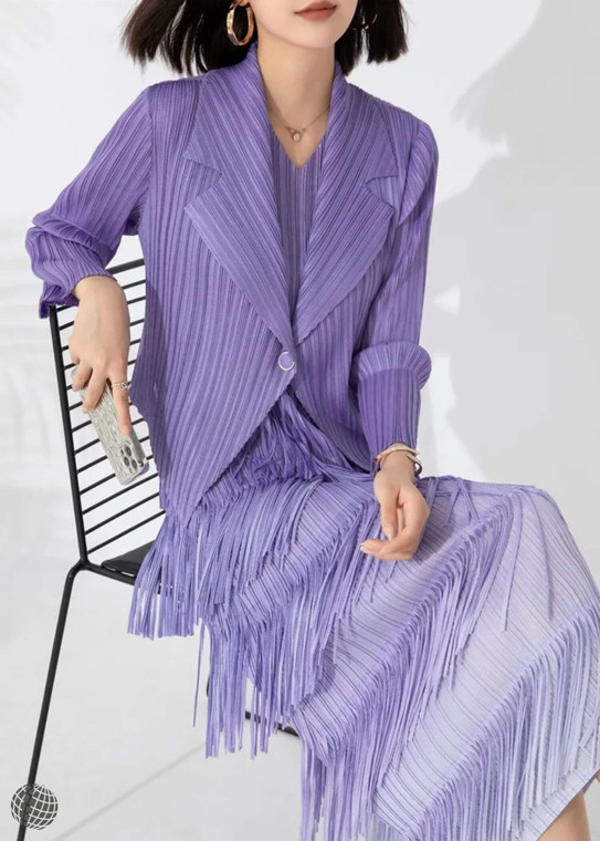 Pleated Tassel Dress + Blazer Set  miteigi Issey Miyake Women’s Long Sleeves Two Piece Fashion Elegant Loose Fit Maxi Dresses Lapel and Small Coast Sets for woman in purple 2-Piece trending outfit womens Jackets