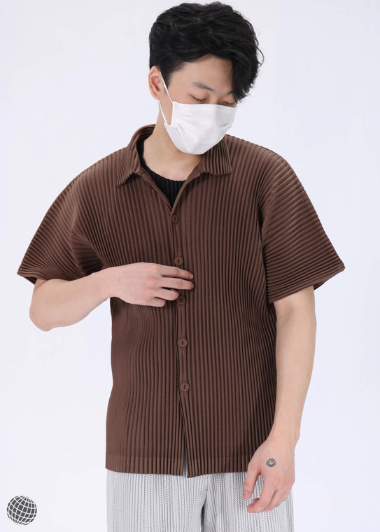 Pleated Polo Shirt brown  miteigi Homme Plissé Issey Miyaki Men's Casual Short Sleeves ribbed Button Up Loose Vintage Tops Shirts for man Summer plus size mens trending Business workwear Fashion