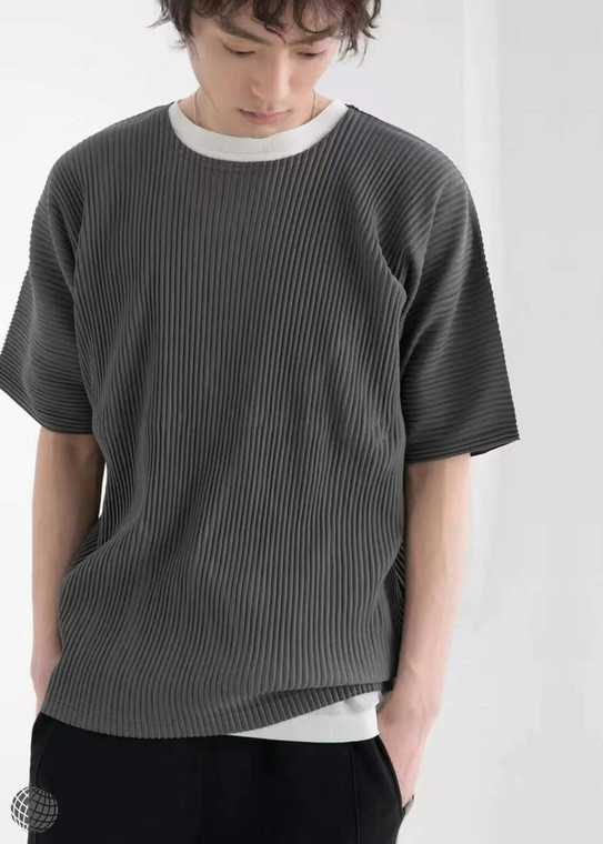 Pleated Crewneck T-Shirt charcoal  miteigi Homme Plissé Issey Miyake Men's Short Sleeves ribbed sport Top Round O-Neck Loose Relaxed Half Sleeve Solid Thin T-shirts for man in Dark Gray Grey Spring Summer petite size mens crew neck sports tops trending fitness sportswear fashion activewear season