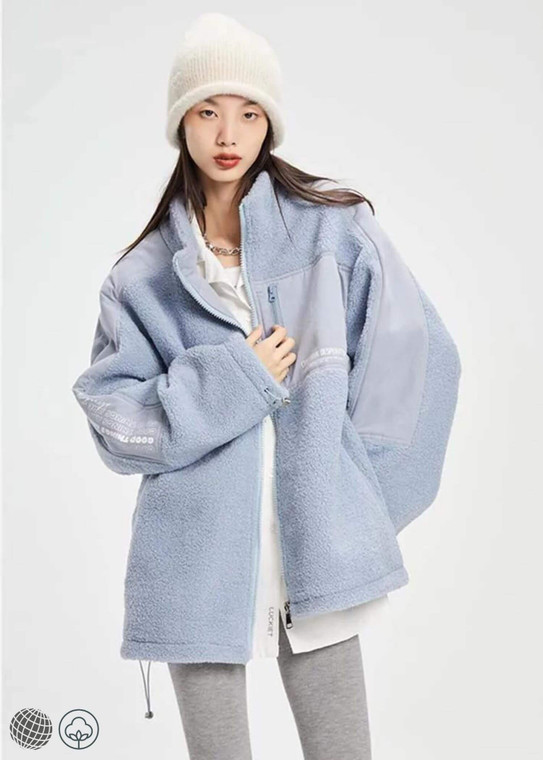 Japanese Cotton Jacket  miteigi Women’s Lambswool Zip Pockets Loose Casual stand collar Jackets for Woman in Light Sky Blue woolen Coats Winter Vintage womens Harajuku Fashion trending outerwear Clothes