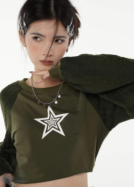 Cropped Crew Neck Sweatshirt  miteigi Women’s Vintage Stars Print army Green Graphic Aesthetic Crewneck round o-neck Loose Long Sleeves Tops Sweatshirts for Woman Fall Autumn Winter Spring Summer womens trending Y2k Clothes