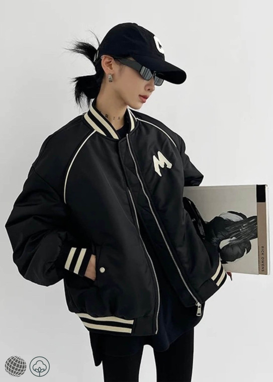 Bomber Jacket black miteigi Women’s Fitness Sports Cotton Padded Loose Zipper Cotton Baseball Jackets for woman Activewear Coats Streetwear Spring Summer Fall Autumn womens Sportwear Fashion trending American Style