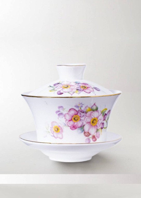 Japanese Porcelain Gaiwan Teacup narcissus   Chinese Kungfu Gai Wan Teaset Cover Bowl Teas Jingde Town  Soup Tureen Shen Puer cups sets floral Ceramic Tea Cup in white with lilac pink flowers