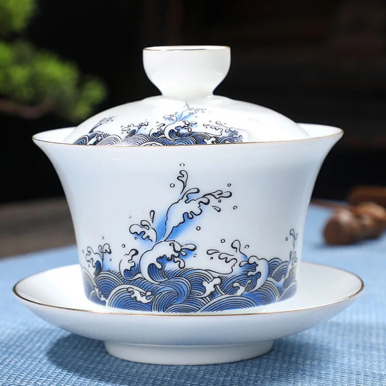 Hand Painted Porcelain Japanese Gaiwan Tureen   180ml White Gold Jingdezhen Te Cup Tibetan Bowl Soup With Lid and Saucer Tea Cups Chinese Ceramics The Great Wave in black outline