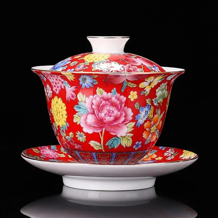 Ceramic Wanhua Covered Bowl Tea Set 200ml Grilled Enamel Gaiwan Jingdezhen Cup With Lid and Saucer Flower Gaiwan for Travel Gai Wan teacup cups ceremony sets in floral red carnations