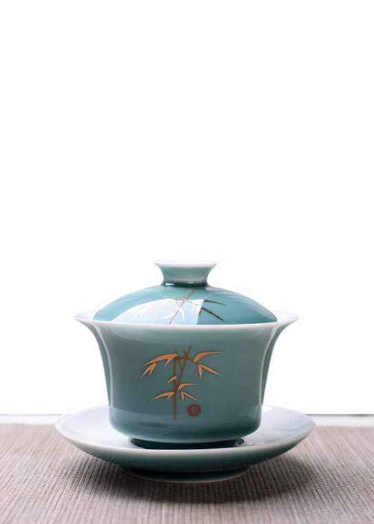 Obsidian Tea Tureen reed 150ml Advanced Kung Fu Bowl Porcelain Hand Painted Shen Puer Chawanmushi Bowls with Lid and Saucer Gai Wan Gaiwan Teacups ceremony cups in light-green