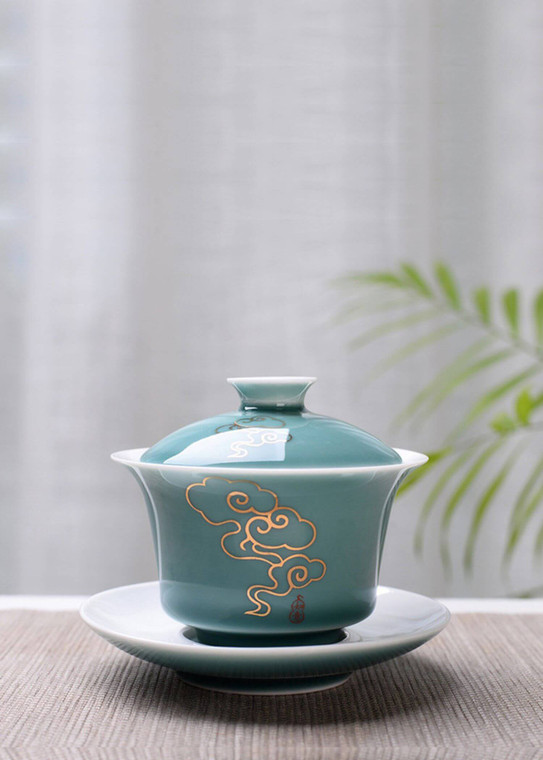 Obsidian Tea Tureen clouds 150ml Advanced Kung Fu Bowl Porcelain Hand Painted Shen Puer Chawanmushi Bowls with Lid and Saucer Gai Wan Gaiwan Teacups ceremony cups in light-green