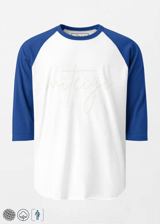 miteigi Script Logo Raglan T-Shirt Genderful Unisex anywear 3/4 sleeves crewneck round o-neck patchwork tops T-Shirts for man woman in white with blue mens womens Tees miteigi-Logo Branded product item