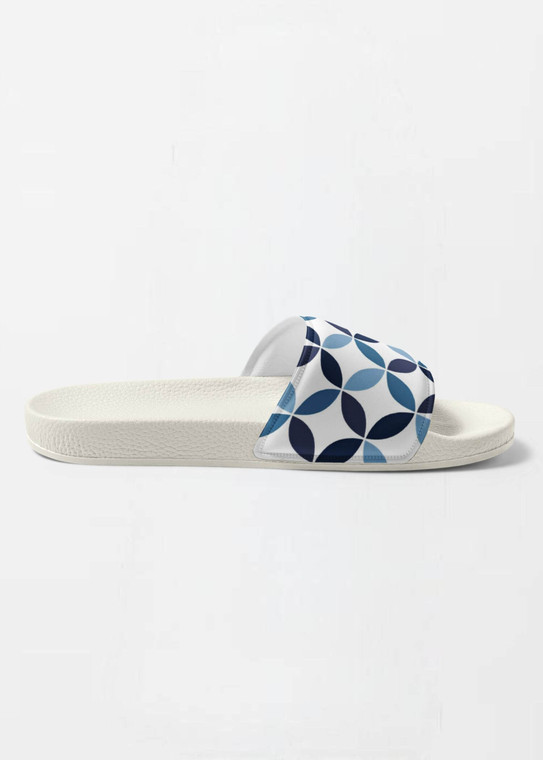 miteigi Supanova Circle Slides indigo blue Women’s casual patchwork flip flops miteigi logo designed sandals for woman in indigo blue circles Womens beachwear slippers Vacation getaway holiday footwear in white