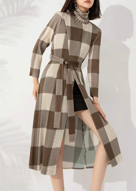 Miyake Pleated Turndown Collar Dresscoat khaki Women’s Windbreaker Chest Buckle Belt Plaid Printed long sleeves Coats dresses for woman in beige brown Womens Fashion Japanese Designer Issey fashion