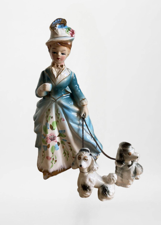 Porcelain Lady with Poodle FIGURINE of Woman in blue white floral dress Walking Her Dogs on a Leash, Vintage Figurines Porcelain Ceramic 1960c antiques