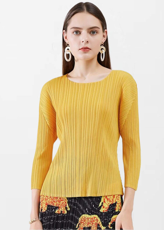 Miyake Pleated Boatneck T-Shirt  Women’s Long-sleeves Loose Large Plus Size Aesthetic blouses pleats Tops T-Shirts for woman in yellow  Womens Fall Autumn Korean Japanese Issey designer Fashion clothes