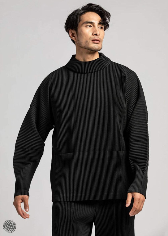 Miyake Pleated Turtleneck Sweatshirt  Men's Big Pocket Loose Pullover Oversized long sleeves pleats Sweatshirts for man in black Issey Japanese designer mens fashion