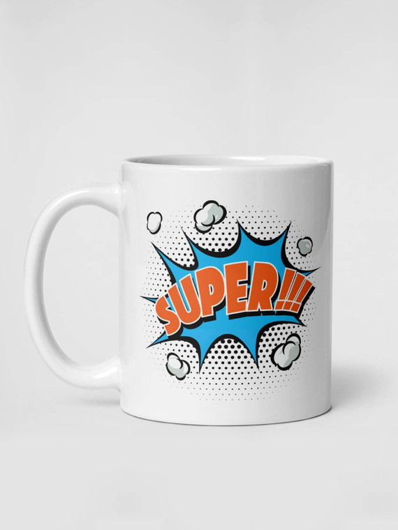 Glossy SUPER!!! Mug              Cartoon expressions drinks cup coffee, tea, juice, milk drinking cups miteigi branded product item tumblers ceramics in white with blue orange multicolor pattern Ceramic Anime superb sign Gifts mugs