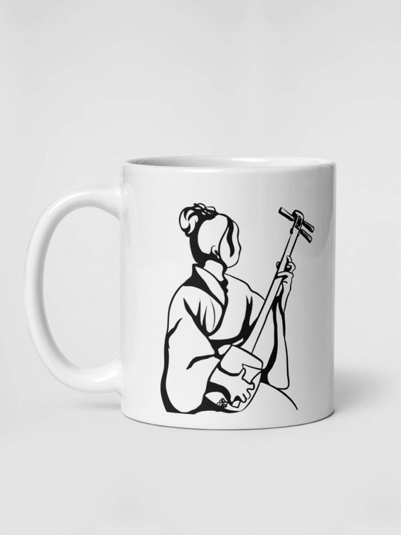 Glossy Traditional Japanese Shamisen Mug   Japanese country design drinks cup coffee, tea, juice, milk drinking cups miteigi-Logo branded product item tumblers ceramics cartoon pattern in white with red design collections Japan nippon JPN Nihon musical instruments souvenirs collectors mugs