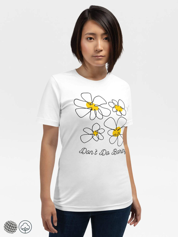 Bella + Canvas Logo Crewneck T-Shirt     Unisex anywear Women’s Men's Short Sleeves o-neck Japanese Casual Solid Color Cartoon floral letter print Logo Branded product item Beach travel vacation holiday getaway womens mens crew neck round Tops T-Shirts for petite, tall-, plus-, size man woman flowers tees in white with yellow design