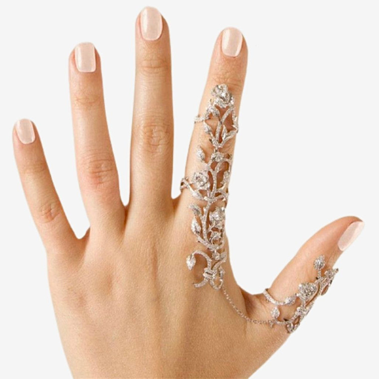 Chain Link Ring Full Rhinestone Vintage Flower Double Finger Rings For Women Girl Trend