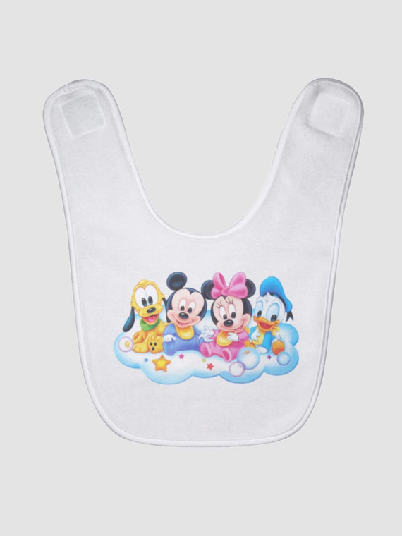 Disney Baby Bib  Genderful babies young Donald Duck, Pluto, Mickey and Minnie Mouse cartoon graphic print Boys Girls unisex anywear bibs in White