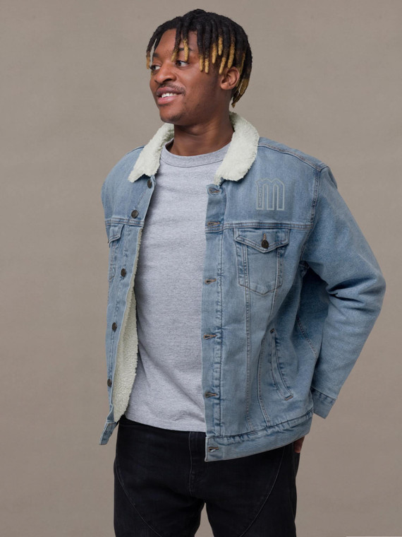 Denim Sherpa Jacket   Genderful Varsity details at front Men’s long sleeves pockets button-up close detachable fleece lining any wear Jackets for man in washed blue Mens petite-, tall-, plus-, size unisex outerwear