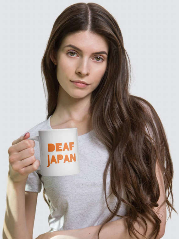 Retro DEAF JAPAN Mug      11-Oz DEAF JAPAN letter print design ceramic drinks cup coffee, tea, juice, milk drinking cups in white with orange graphic collections Japan nippon JPN Nihon Japanese souvenirs collectors ceramics mugs