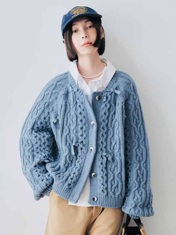 Classic Cable-Knit Cardigan    Women’s Fall Autumn cotton wool bowknot heavyweight design fried dough twists cable knit cardigans for woman in light blue Womens vintage sweaters #244758