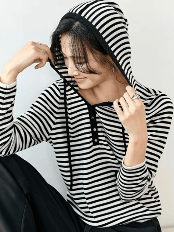 Hooded Sweater black   Women’s High stretch stripe knitwear hood with drawcords Pullovers Casual Hoodie for woman long sleeves knitted womens striped top Fall Autumn fashion #W43E56738