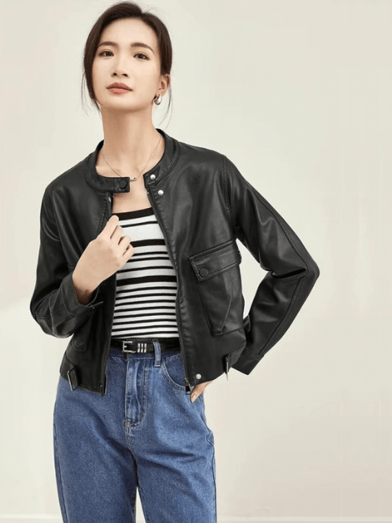 Vegan Leather Crop Jacket      Women’s collarless button-up long sleeves zipper close flap button pockets with buckle hem faux Pu Jackets for woman in black Womens Female outerwear moto biker outewear #W33G49937