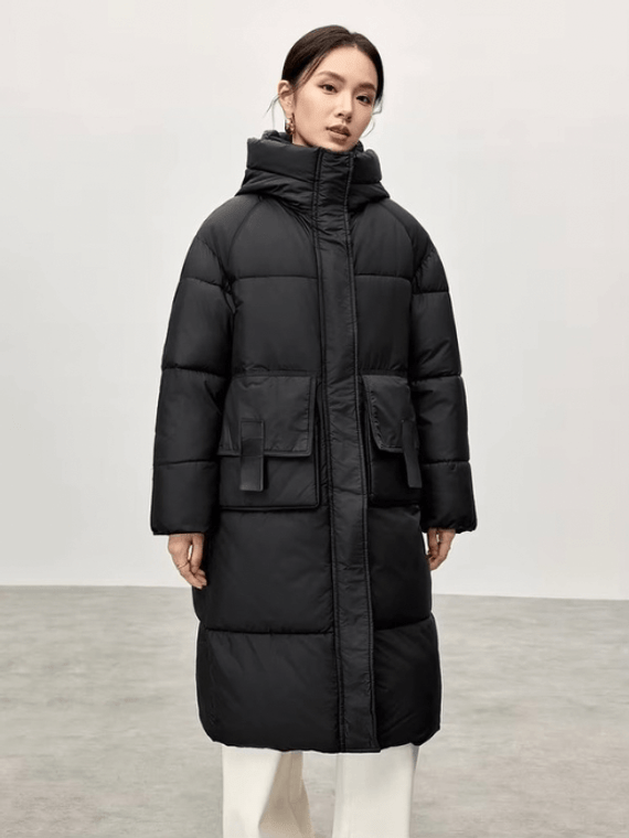 Big Puff Coat     Women’s Winter thick straight hooded geometric cotton quilted parkas solid oversized long sleeves button-up zipper snap button close flap latch seal patch pockets cotton coat for woman in black Casual mid-length outwear tall-, plus-, size puffer jackets Outerwear coats Female outwear #W44M57388