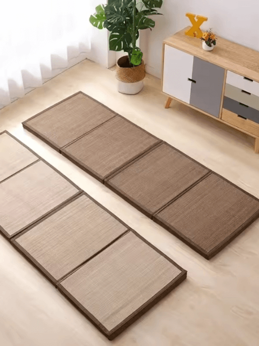 Japanese Foldable Tatami Mat  Comfortable rectangular futon floor mats, 5cm thick folding mattresses for dining-, living-, rooms, bedrooms, soft flooring covers Furniture in Light tan brown wood color, Dark brown carbonized color